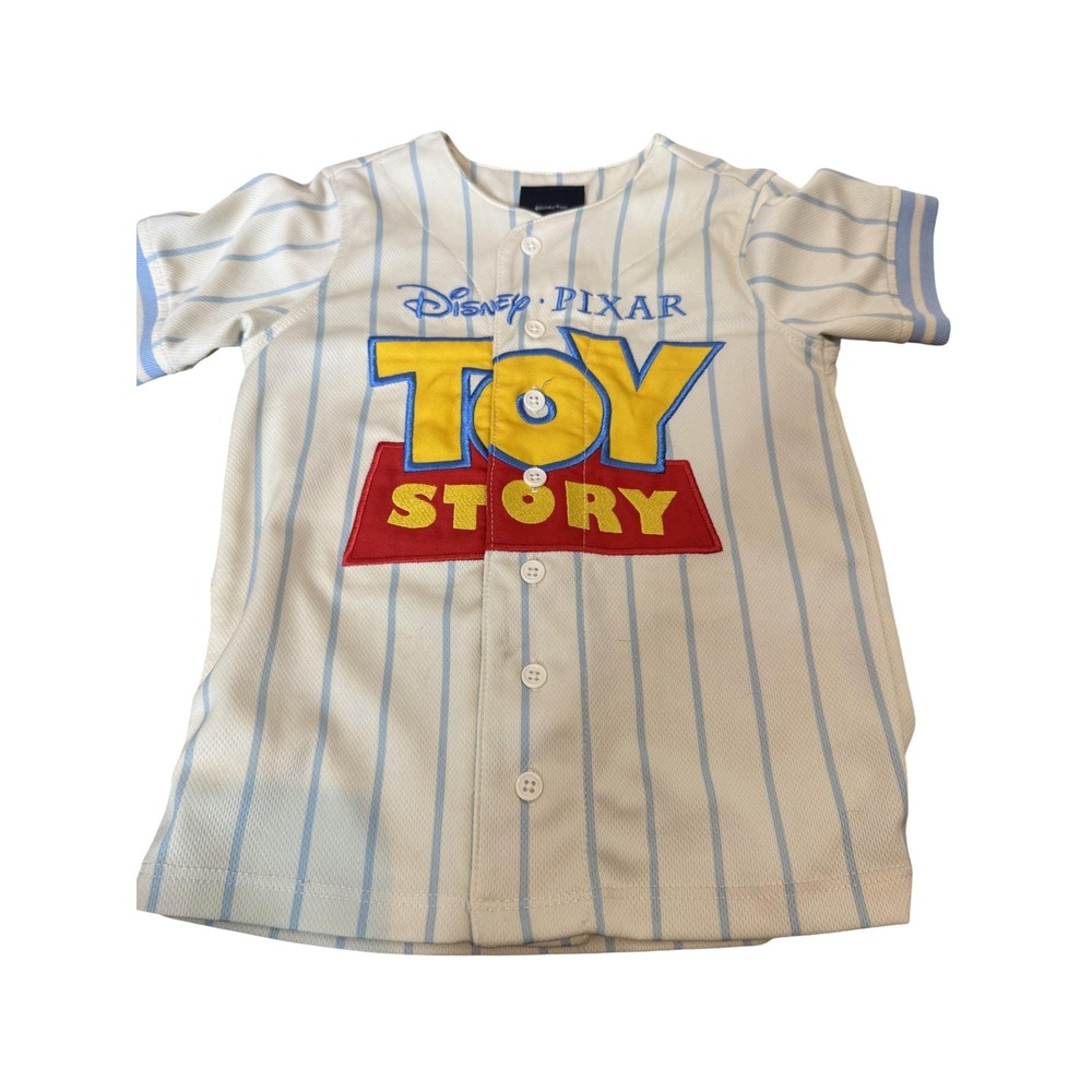 Pixar Toy Story Shirt Kids 3T White Blue Stripe Forky Baseball Button Up Jersey